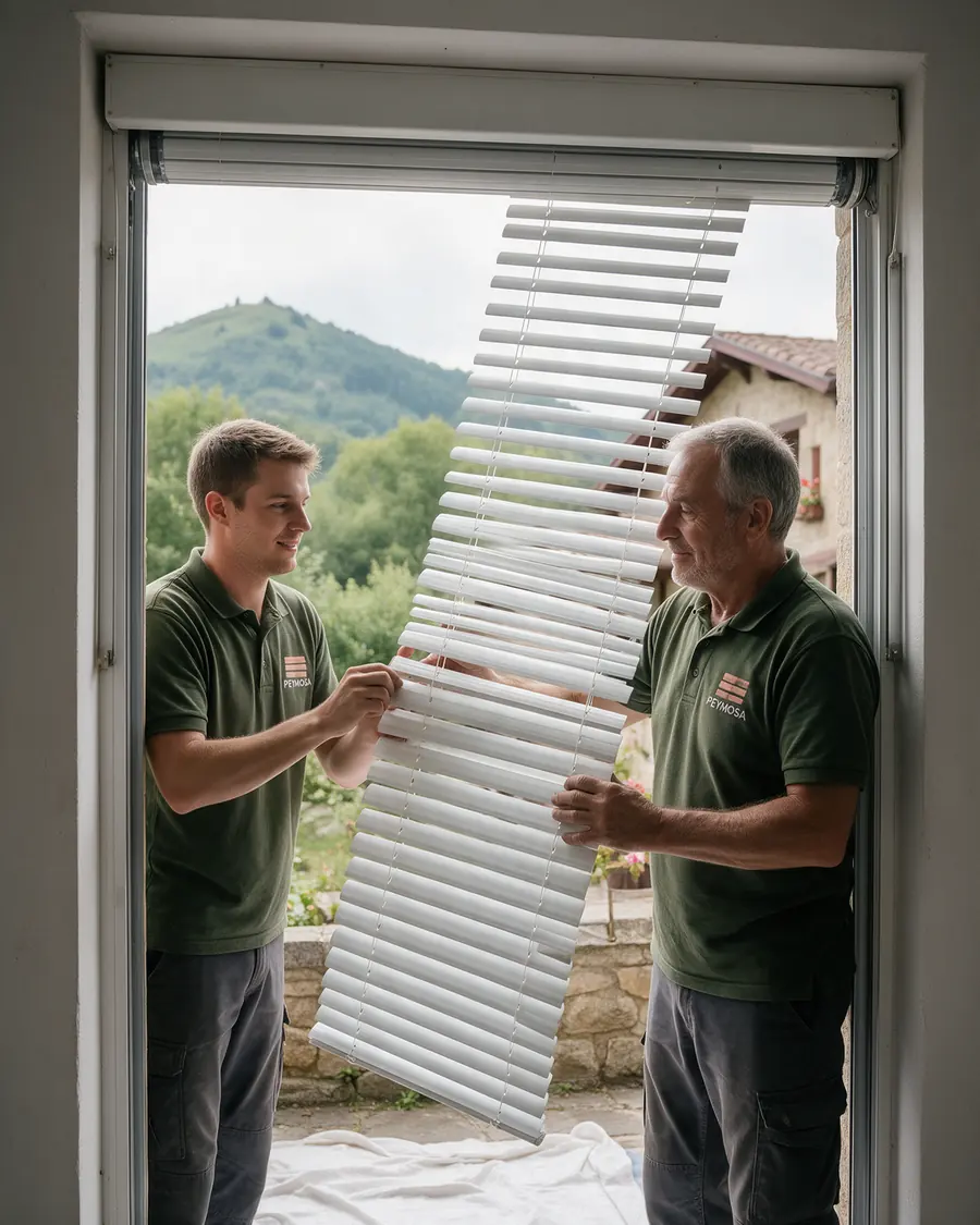 Dos técnicos de PEYMOSA instalando una persiana de aluminio nueva en una casa de Llodio