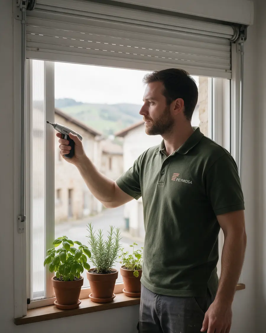 Técnico de PEYMOSA montando una mosquitera enrollable en una ventana de Llodio